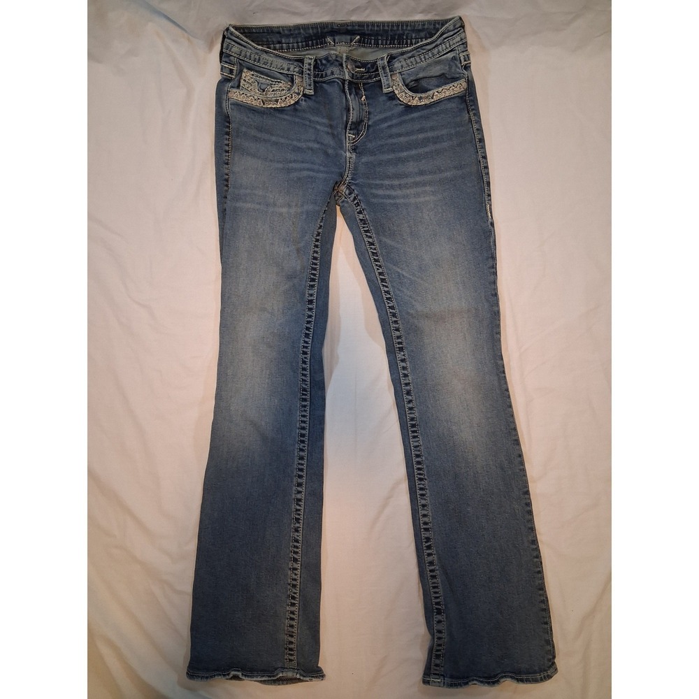 Vigoss Women Bootcut Jeans Medium Wash Embroidered Pockets Y2K Blue Denim